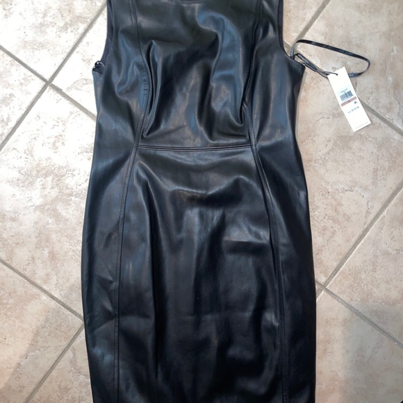 Black Faux Leather Bodycon Lined Sheath Dress stretch - Picture 5 of 8